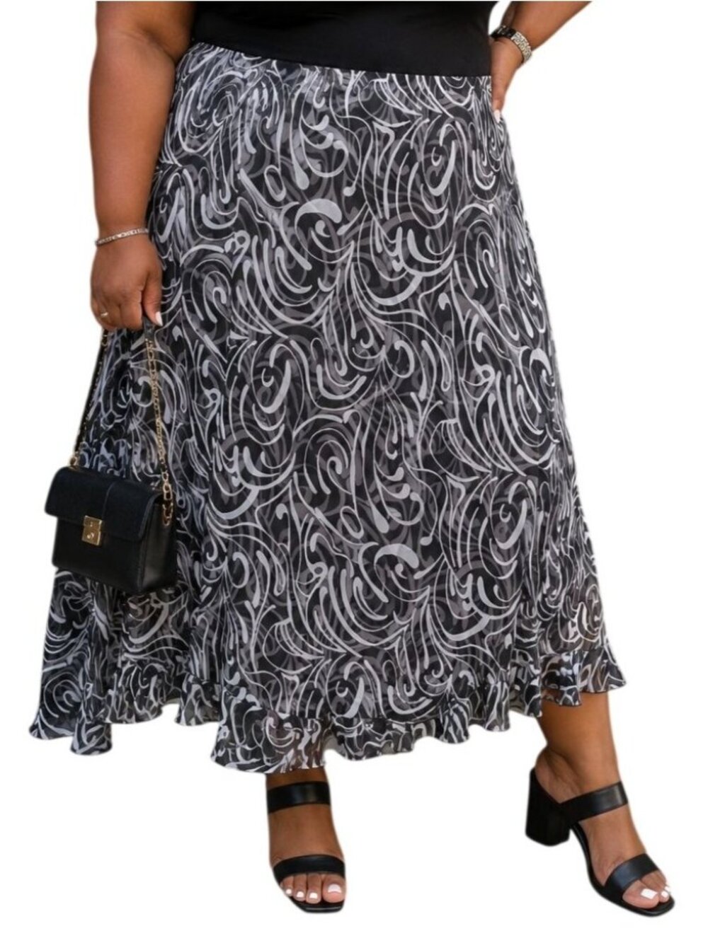 Lane Bryant Size 14 Skirt Midi Black & White Swirl Pattern Polyester Flowy Chic